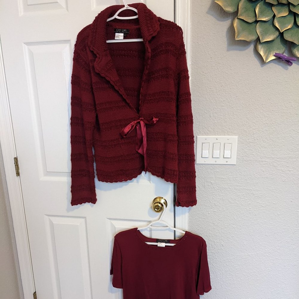 VINTAGE | Silk/Wool Blend |  SWEATER SET | Burgundy | L | EUC | Beaded w/ ribbon